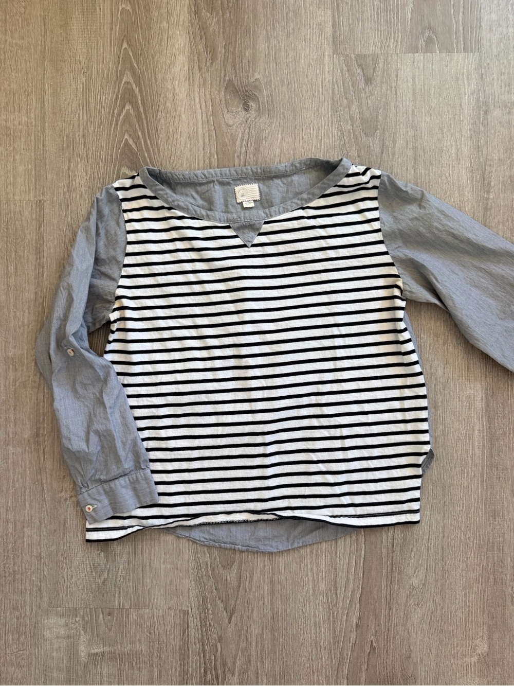 Anthropologie Black & White Striped Long Sleeve Tee with Gray Sleeves